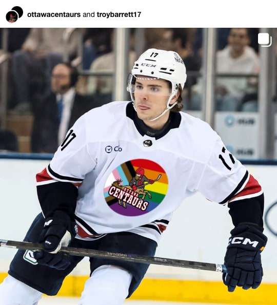 Instagram post by @ottawacentaurs and @troybarrett17 of Troy Barrett skating in a Centaurs Pride jersey